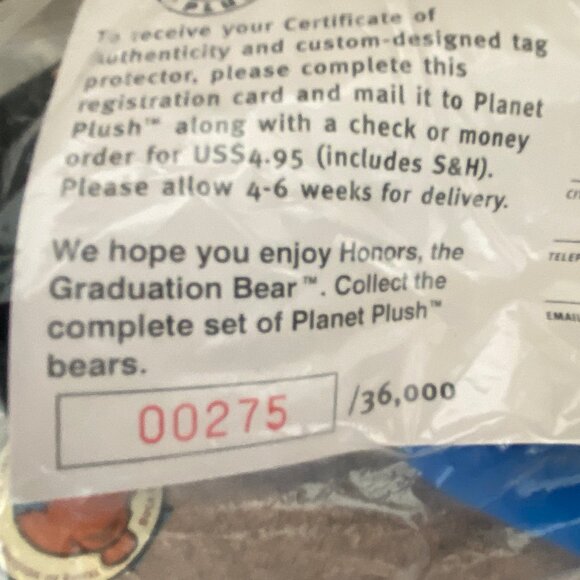 Planet Plush Graduation Bear Vintage 'Honors' 1999 - Picture 2 of 3